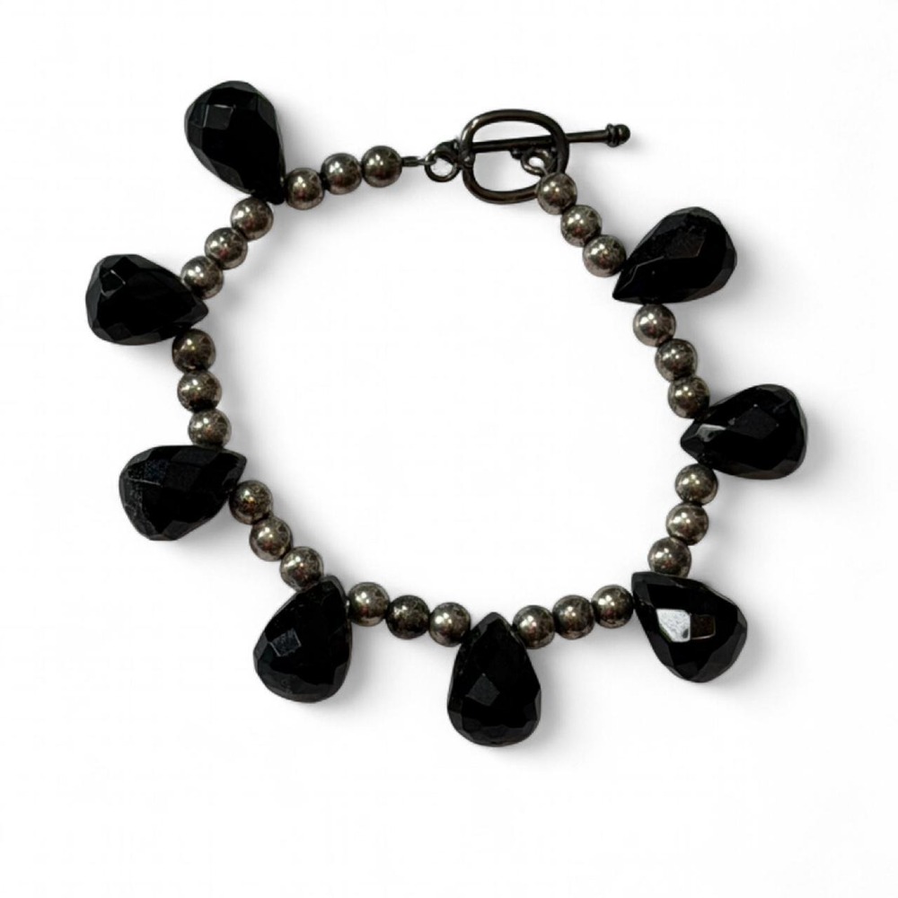 Vintage Y2K Silver & Black Teardrop‎ Beaded Bracelet